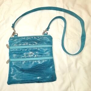 Bags by Pinky Teal Blue Leather Crossbody  Handbag Snakeskin Reptile Pattern
